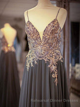 Gray Spaghetti Straps A-line Beaded Long Semi Formal Prom Dresses